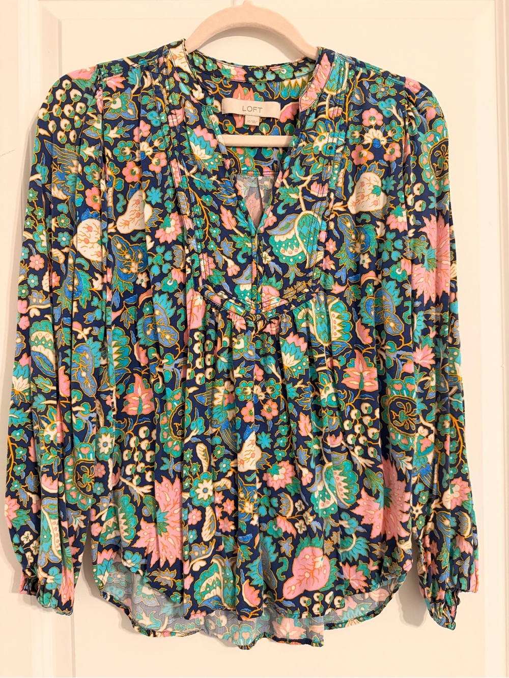 LOFT Floral Boho Peasant Blouse XS Navy Pink Teal Long Sleeve Lightweight Top